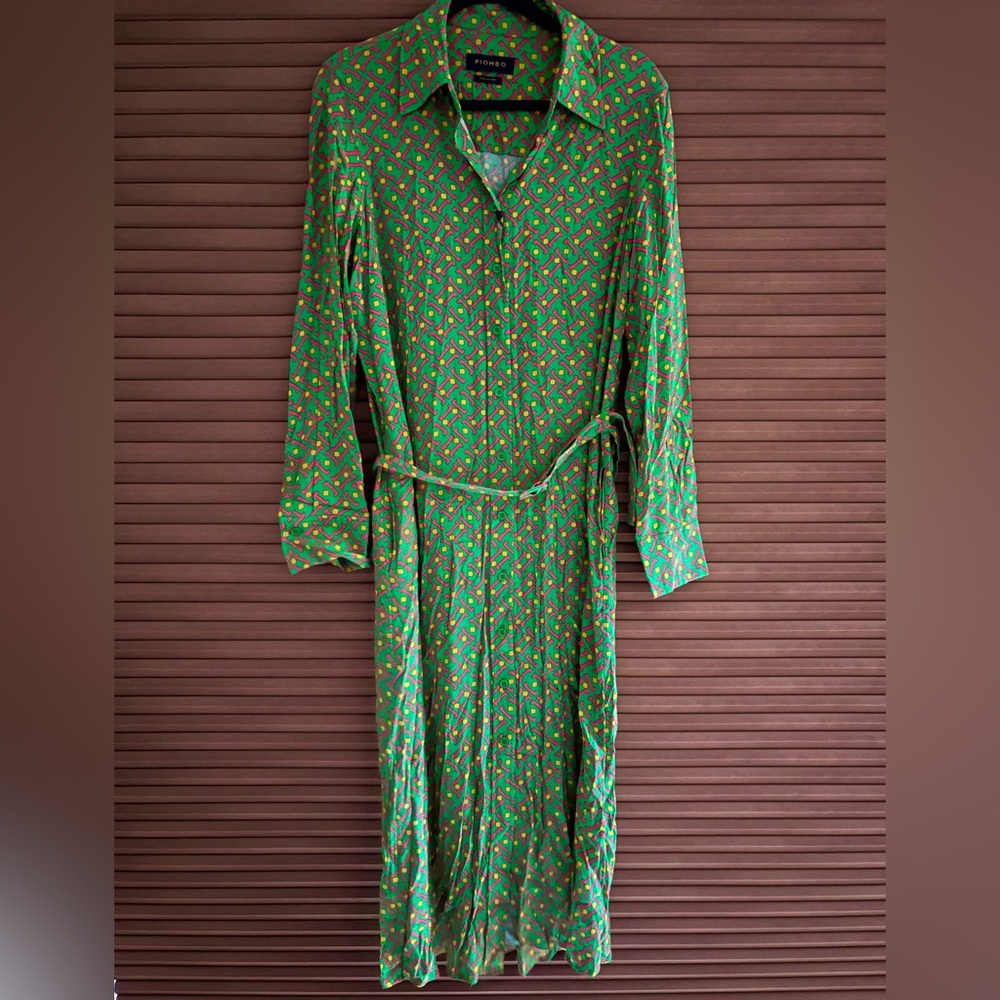 Piombo Green and Red Patterned Long Sleeve Dress